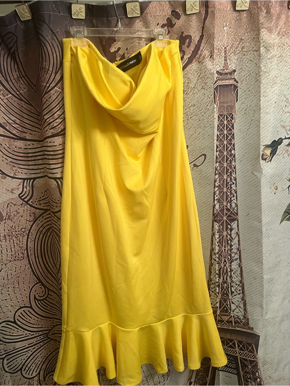 Cowl-Neck Midi Dress with Ruffle Hem in Yellow